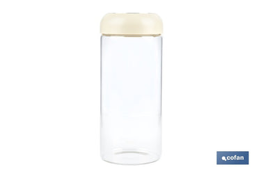 Cofan – Bote de Vidrio Borosilicato con Tapa Beige | 1,3 L | Cierre Hermético a Presión | Conservación de Alimentos
